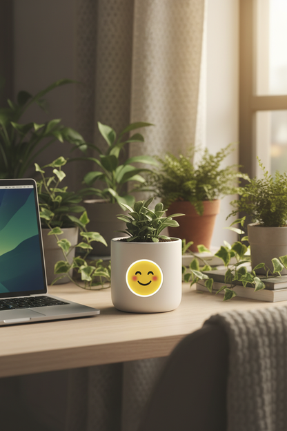 HappyPlanty – pot de plante intelligent auto-arrosant avec écran expressif, ambiance bureau cosy